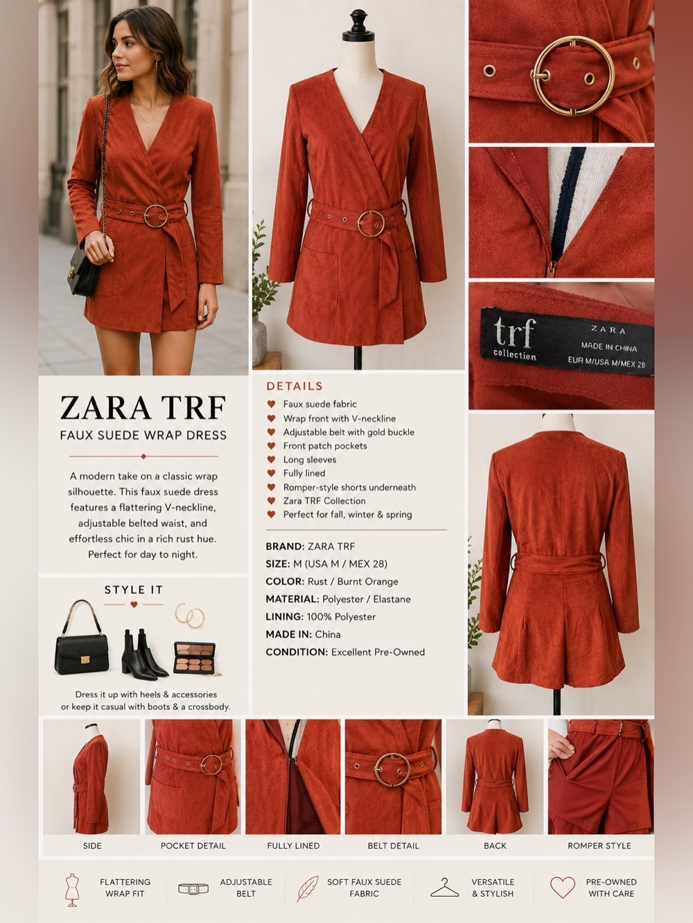 ZARA SALMON FAUX SUEDE WRAP JUMPSUIT SZ Med